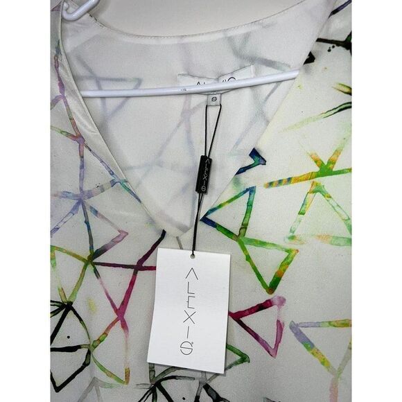 NWT ALEXIS White Silk Multicolor Abstract Print Bell Sleeve Shift Dress … - Picture 5 of 5